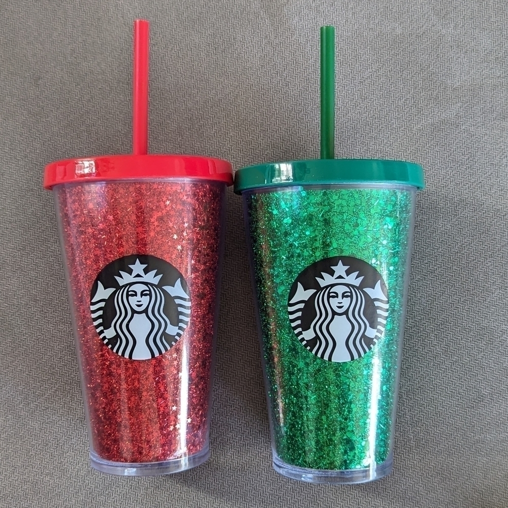 Starbucks Holiday Glitter 16 oz Tumblers SET OF 2 Red Green